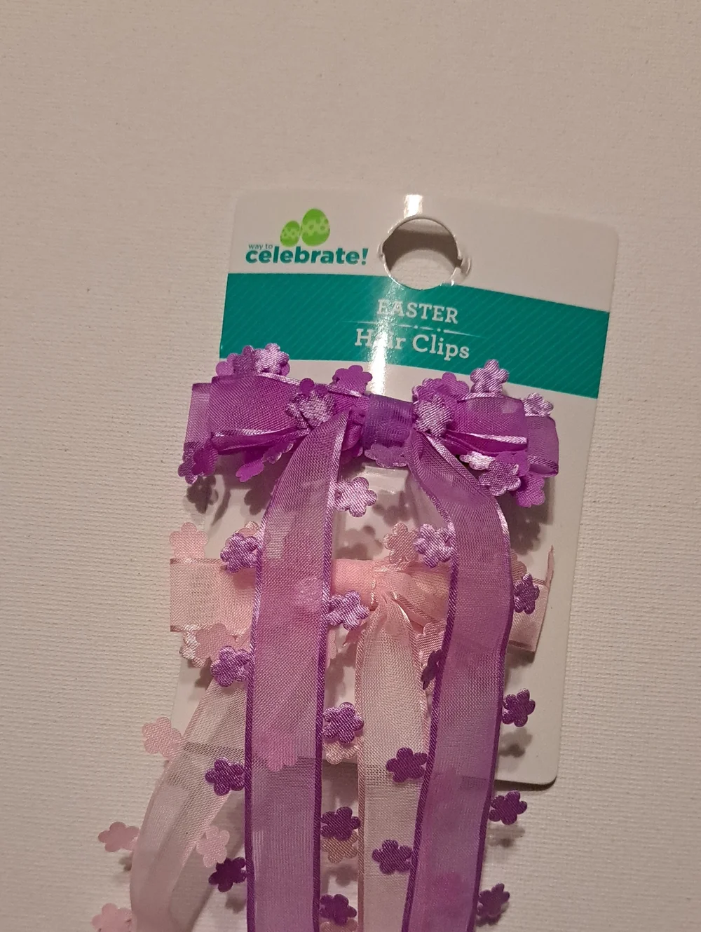 NWT Way To Celebrate! Easter Ribbon Bow Flower Hair Clips Purple & Pink